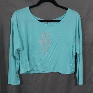 Tshirt, cropped, 3/4 Sleeve, silver design (peace sign, Shakti Shahti)